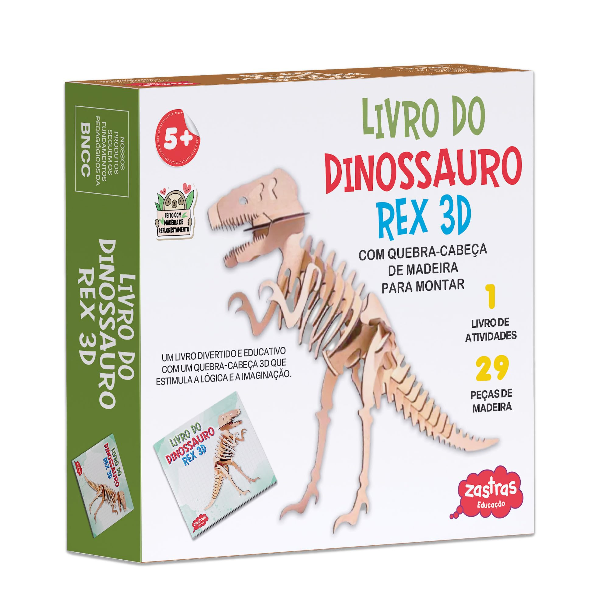 Livro do dinossauro REX 3D com quebra-cabeça de madeira para montar